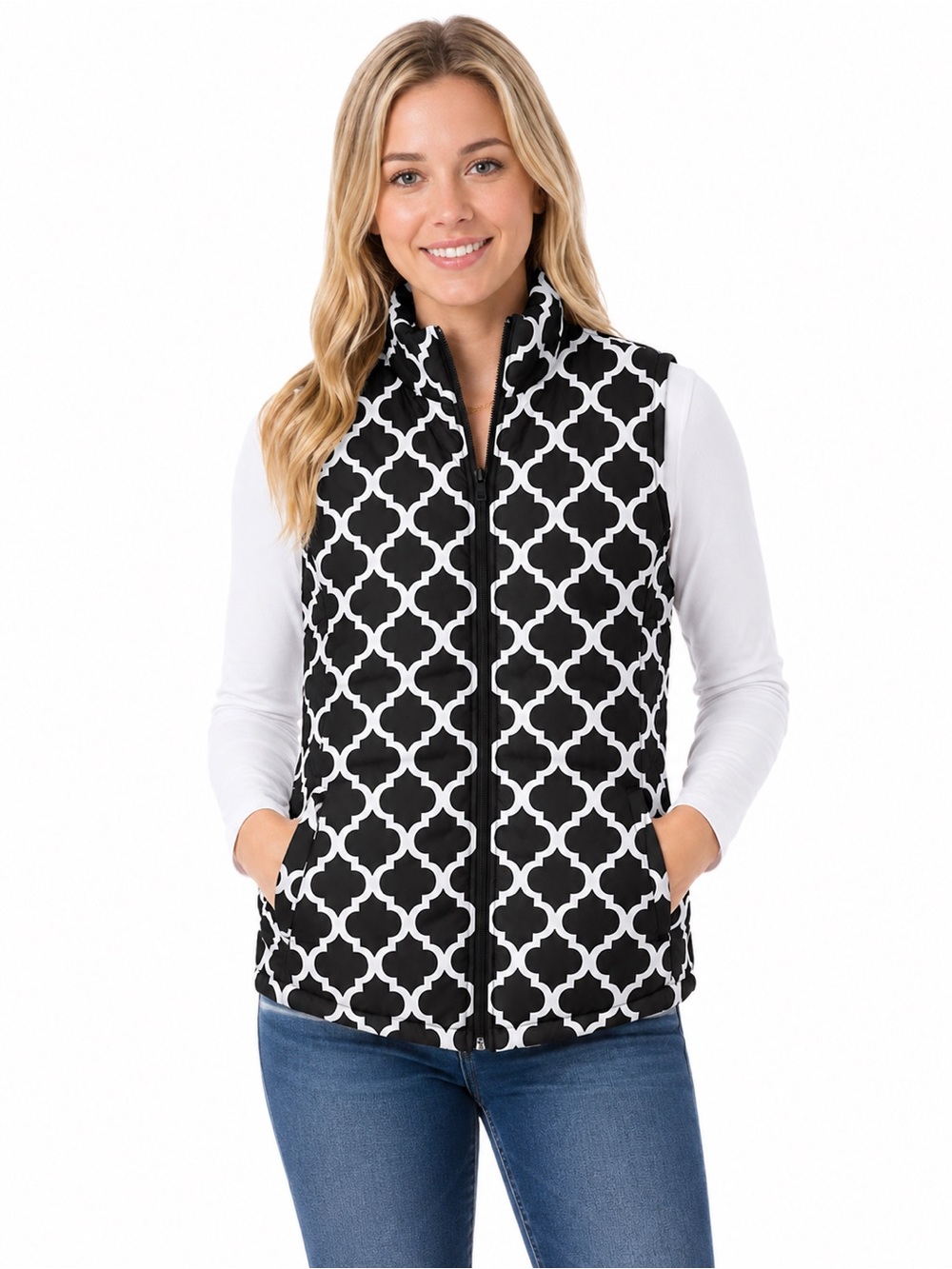 Black & White Geometric Quilted Vest - Women - 0987